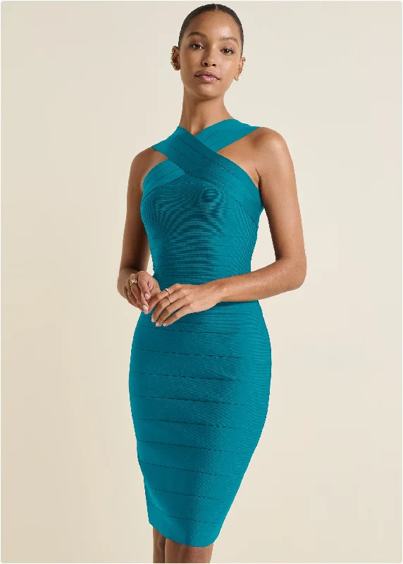 women’s floral empire dresses -Cross-Neck Bandage Dress - Teal