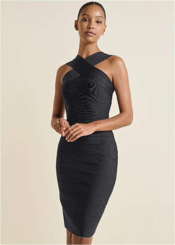 women’s V-neck dresses -Cross-Neck Bandage Dress - Black