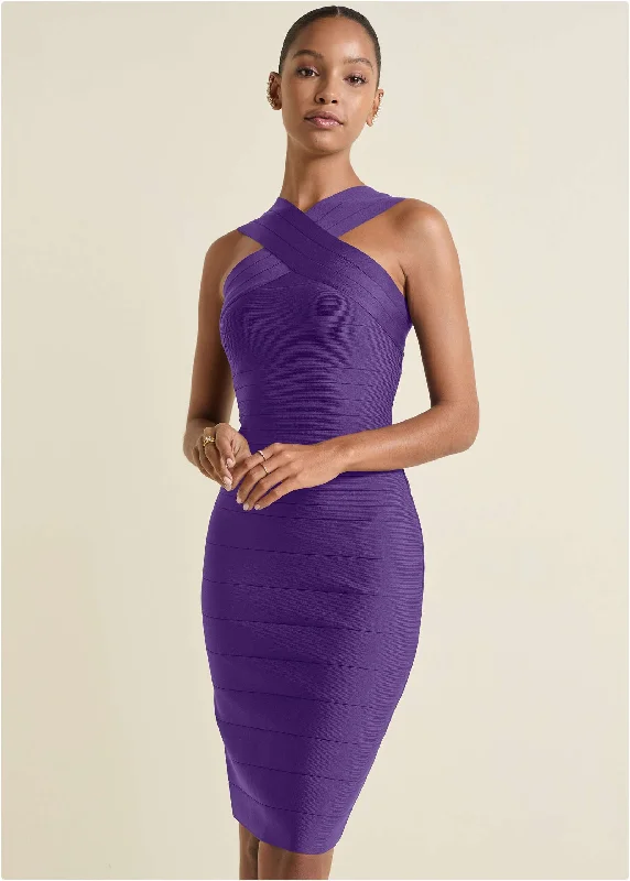 women’s long boho dresses -Cross-Neck Bandage Dress - Purple