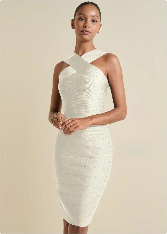 women’s oversized dresses -Cross-Neck Bandage Dress - White