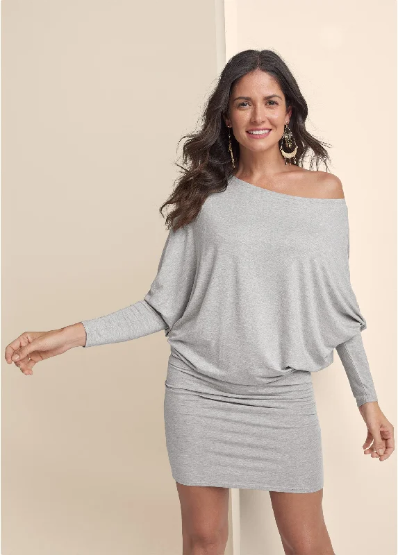 women’s zipper dresses -Off-Shoulder Dress - Heather Grey