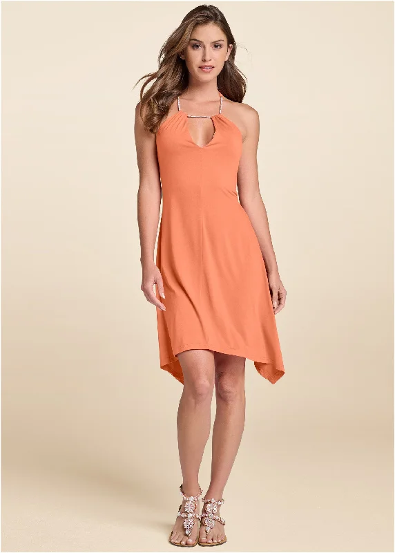 women’s polka dot dresses -Keyhole Detail A-Line Dress - Orange