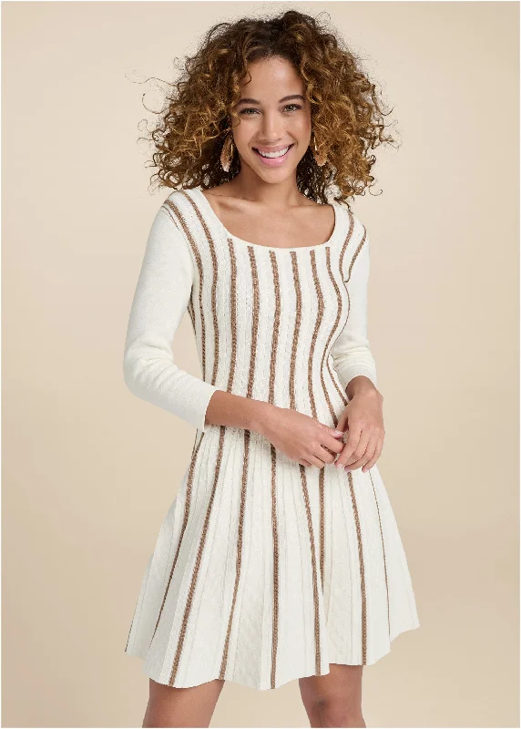 halter dresses for women -A-Line Sweater Dress  - White & Brown