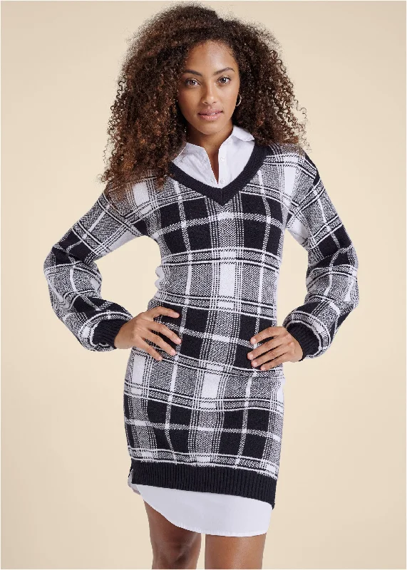 women’s bodycon midi dresses -Plaid Layered Sweater Dress - White & Black