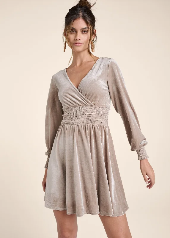 women’s sundresses -Lace-Up Back Velvet Dress - Taupe