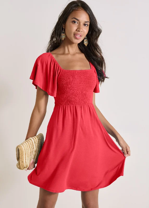 women’s square neck dresses -Back Cutout Smocked Dress - Red