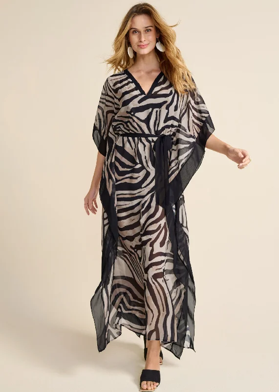 women’s gingham dresses -Animal Print Caftan Dress  - Black & Natural