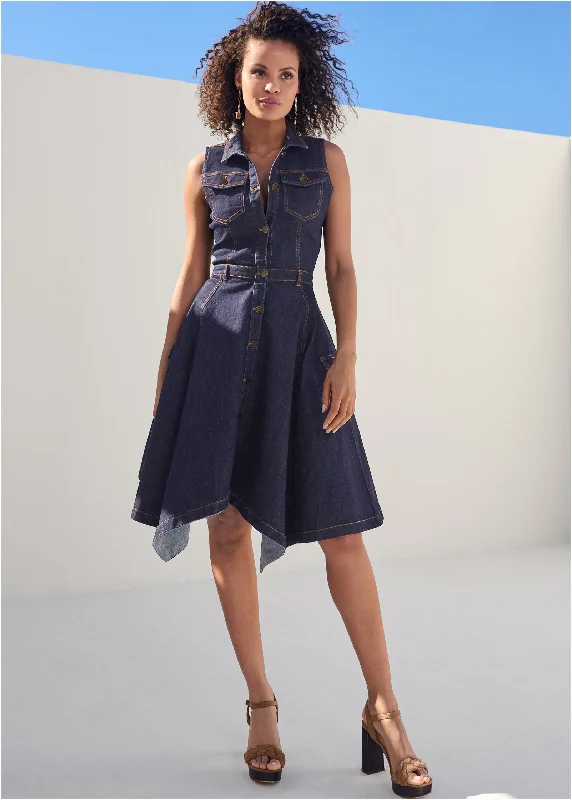 women’s denim dresses -Button-Front Denim Dress - Indigo Blue