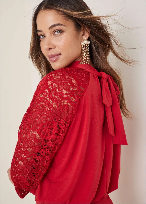 women's cocktail dresses -Lace Sleeve Blouse - Equestrian Red