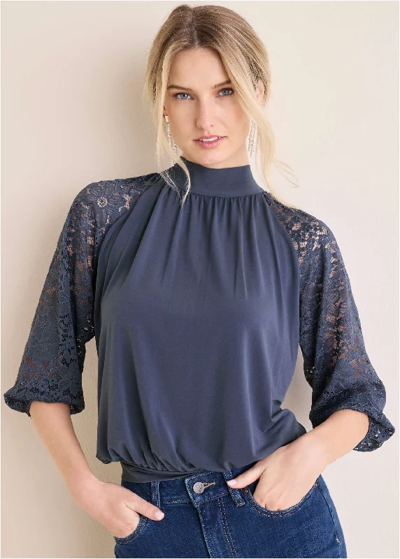 plus size dresses for women -Lace Sleeve Blouse - Vintage Indigo