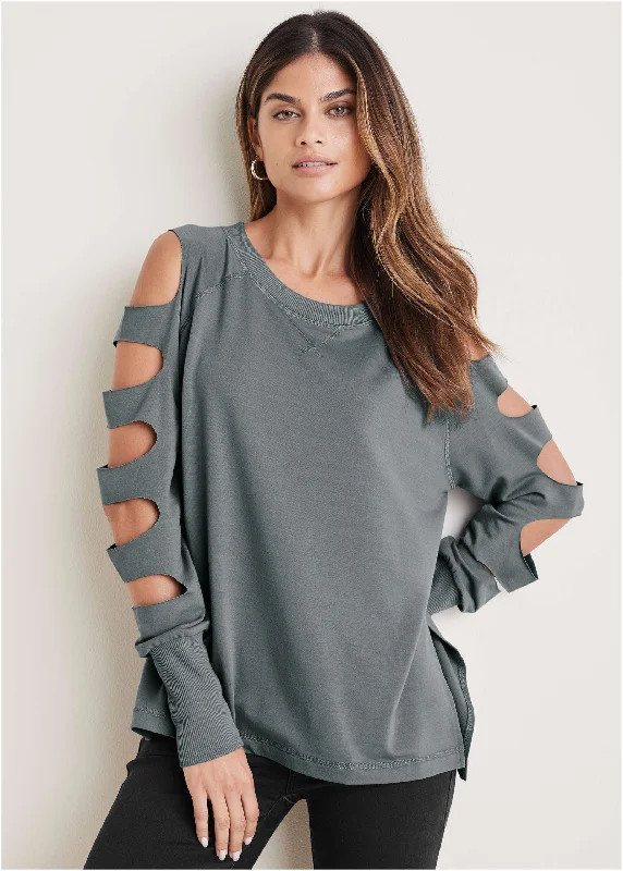 women’s zipper dresses -Cutout Sleeve Sweatshirt - Seafog