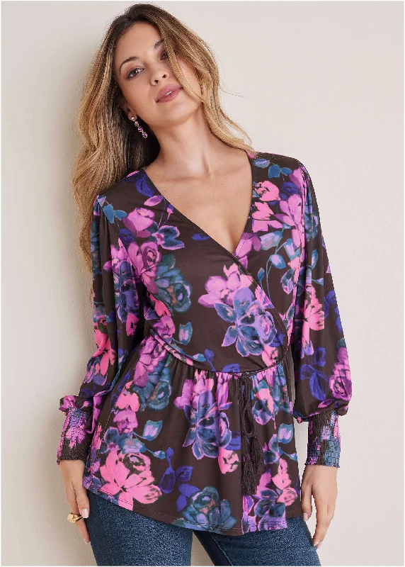 women’s beach dresses -Balloon Sleeve Wrap Front Top - Electric Bouquet