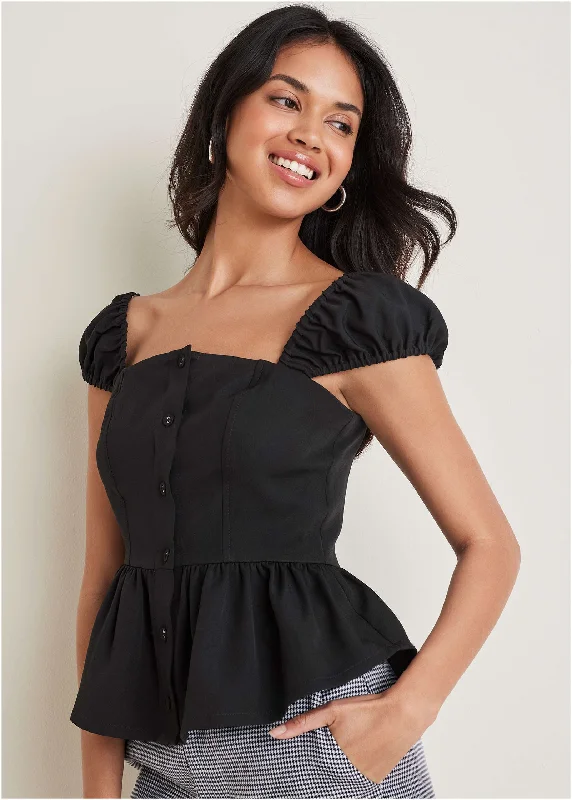 long sleeve dresses for women -Cap Sleeve Peplum Top - Black