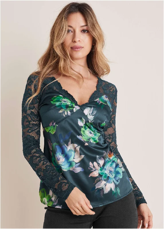 women’s midi dresses -Lace Sleeve Printed Top - Midnight Garden