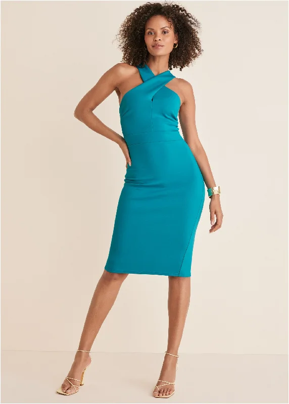 women’s shift dresses -Luxe Scuba Cross Neck Dress - Teal