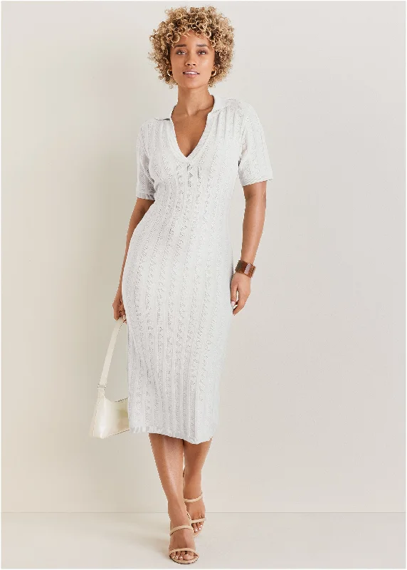 women’s balloon sleeve dresses -Pointelle Sweater Dress - Off White