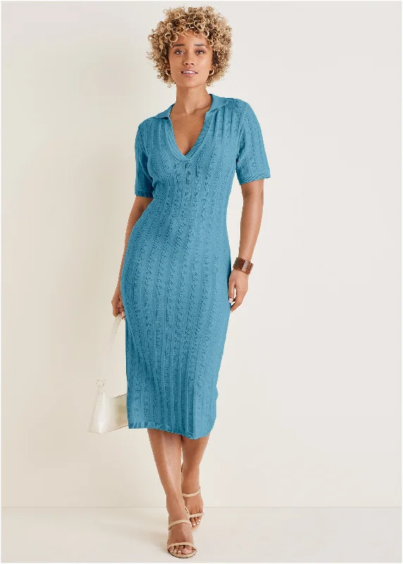 women’s lace-up dresses -Pointelle Sweater Dress - Blue