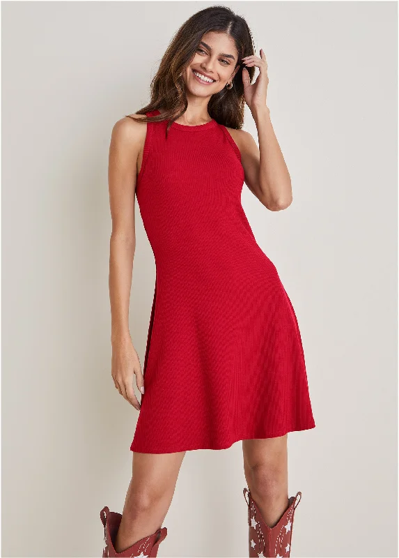 women’s skater dresses -Flexrib Fit And Flare Dress - Red