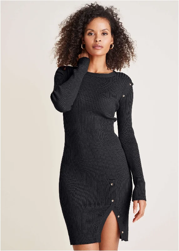 women’s casual knit dresses -Button Detail Sweater Dress - Black