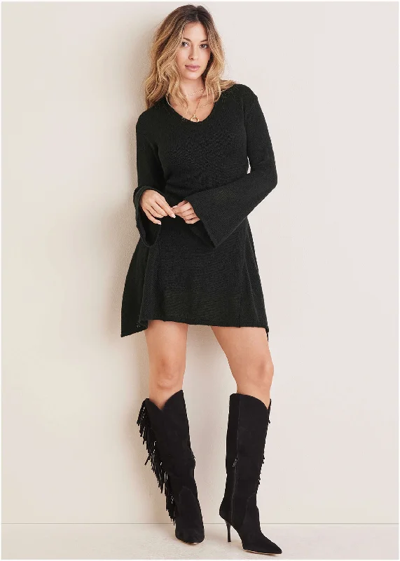 women’s summer sundresses -Bell Sleeve Sweater Dress - Black