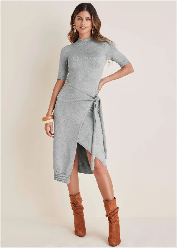 off-shoulder dresses for women -Tie Side Sweater Dress - Light Heather Grey