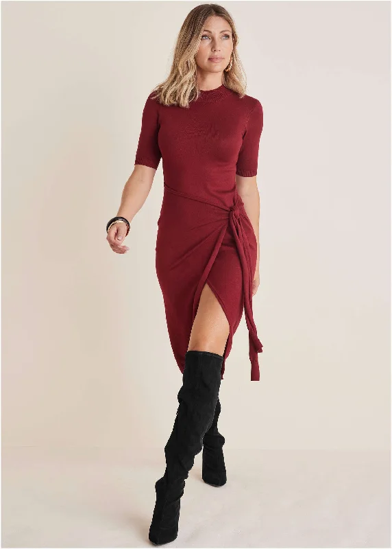 women’s shift dresses -Tie Side Sweater Dress - Wine