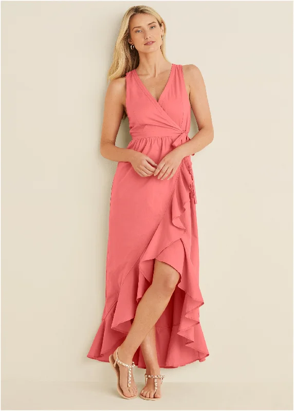 women’s formal dresses -High-Low Wrap Dress - Coral