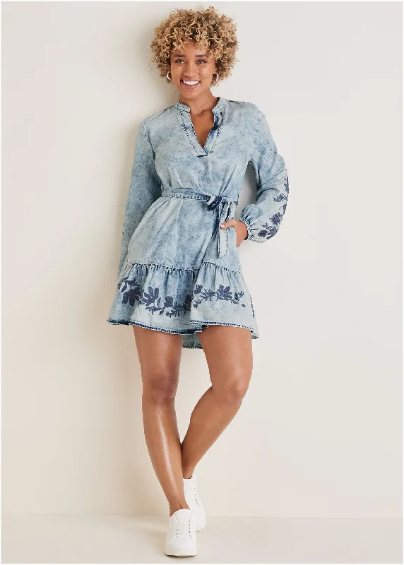 women’s ruched dresses -Embroidered Denim Dress - Acid Wash