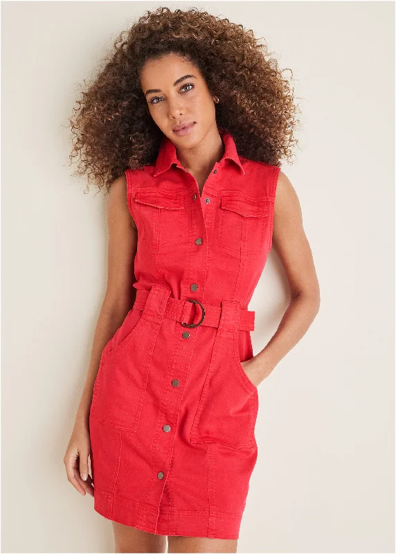 women’s tiered dresses -Colored Twill Utility Dress - Scarlet