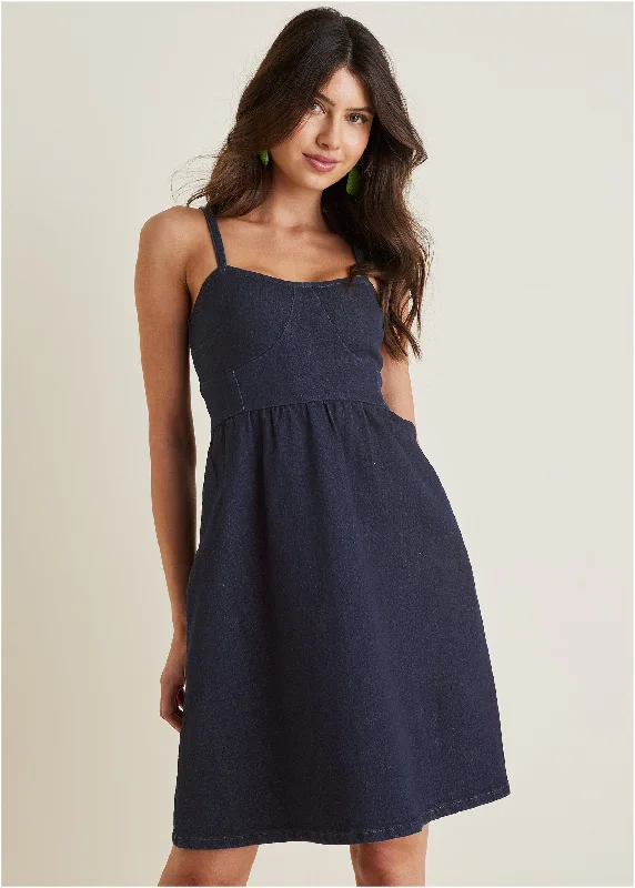 women’s casual knit dresses -Denim A-Line Dress - Dark Wash