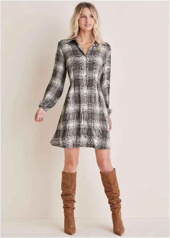 women's cocktail dresses -Brushed Plaid Dress  - White & Black