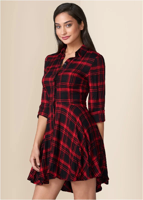 women’s romantic dresses -Plaid High Low Dress - Red Multi