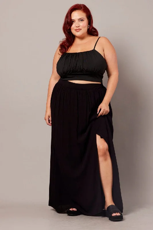 women's satin trousers -Black Crinkle Split Front Maxi Skirt