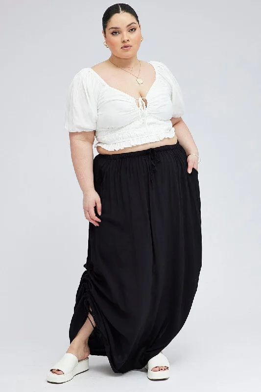 flared pants for women -Black Maxi Skirt Drawstring Side