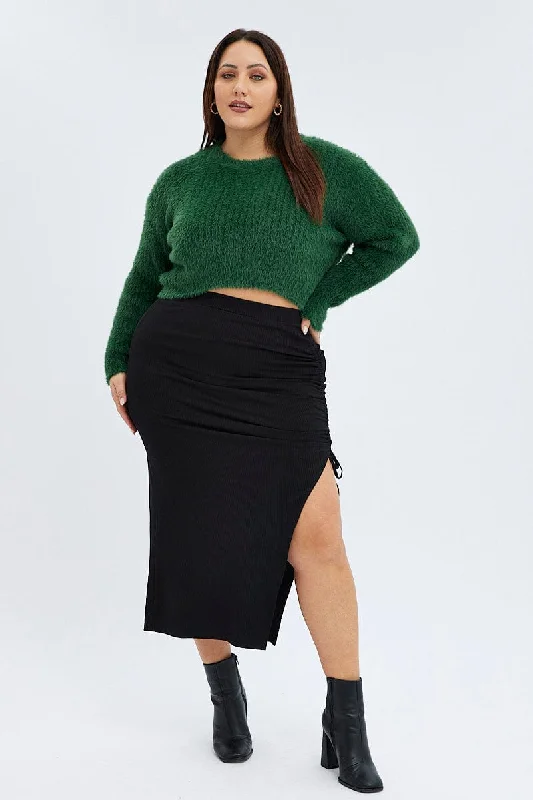 casual capri pants for women -Black Midi Skirt Side Split Rib