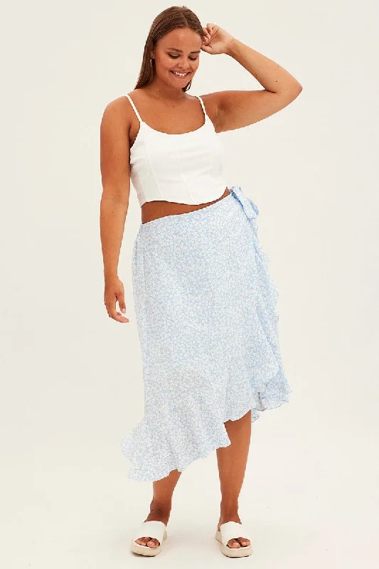 ladies' printed pants -Blue Ditsy Wrap Skirt Midi Ruffle