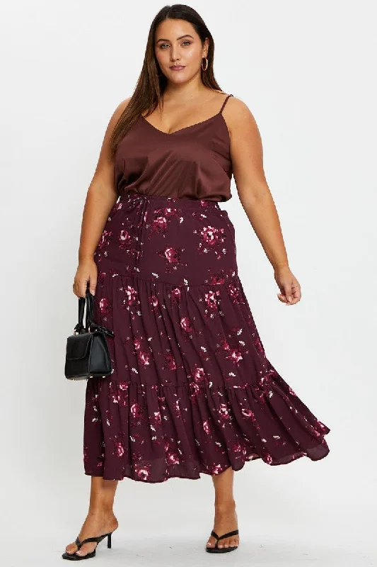 women's formal skirts -Floral Print Maxi Skirt Elastic Waist