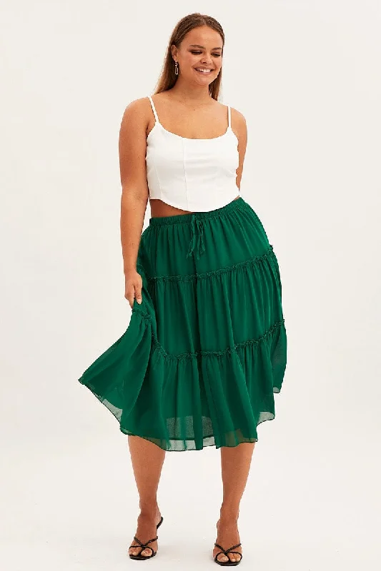 women’s long skirts -Green Midi Skirt Elastic Waist Chiffon Frill