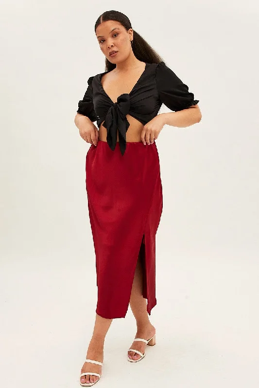 pleated leggings for women -Red Midi Skirt Satin Split Flare